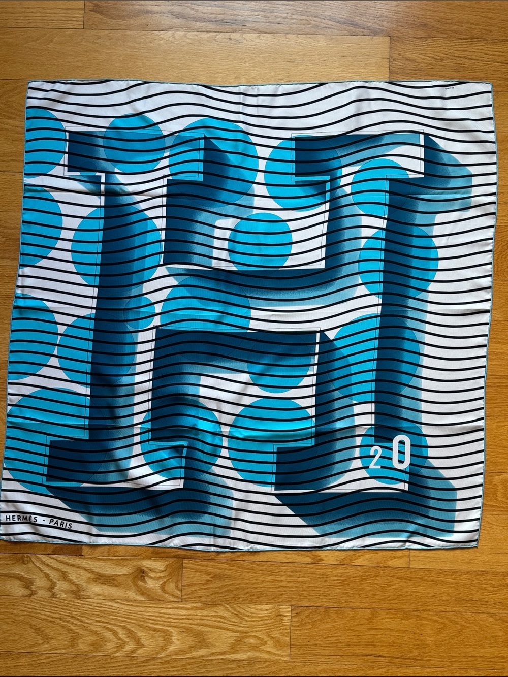 Hermes H20 Scarf in White and Blue/ Teal Graphic